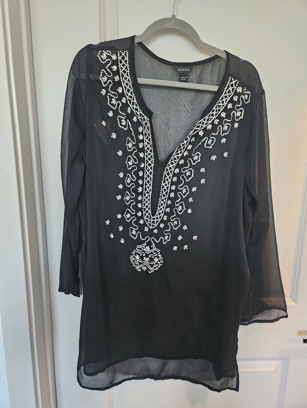 Jessica Black Tunic Beach Cover Up with White Embroidered V-Neck